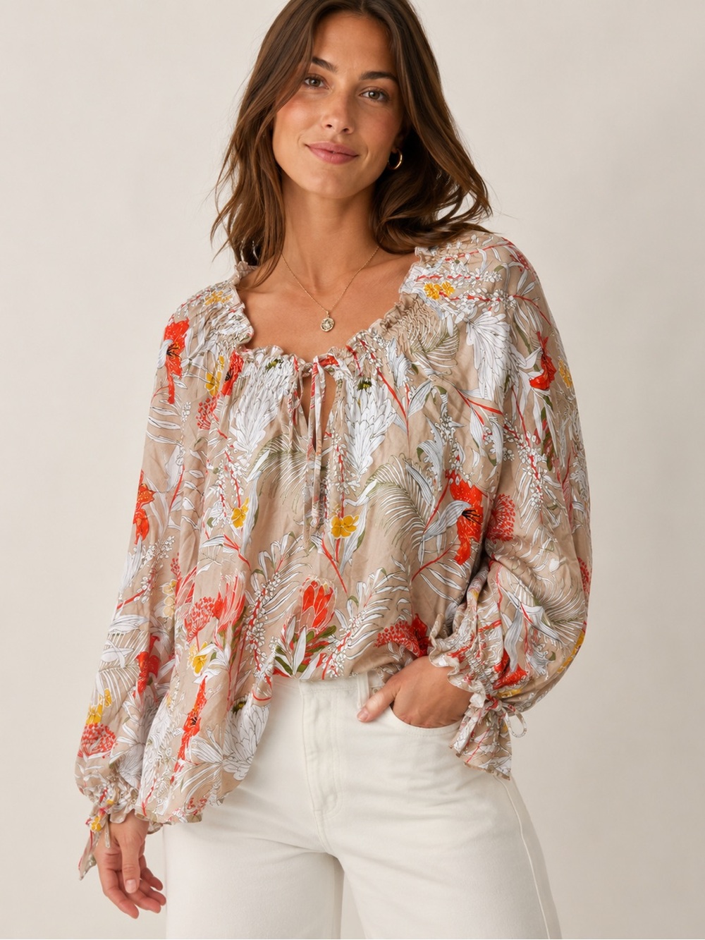 Anthropologie Fall Floral Leaf Peasant Tie-Front Relaxed Boho Smocking Cuff